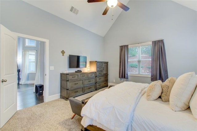 401 Night Hawk Ct, Canton, GA 30114 - bedroom with high vaulted ceiling, carpet floors, ceiling fan, and baseboards
