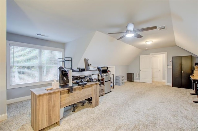 401 Night Hawk Ct, Canton, GA 30114 - home office featuring carpet, ceiling fan, lofted ceiling, and baseboards
