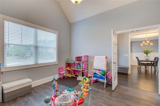 401 Night Hawk Ct, Canton, GA 30114 - game room featuring a chandelier, lofted ceiling, wood finished floors, and baseboards