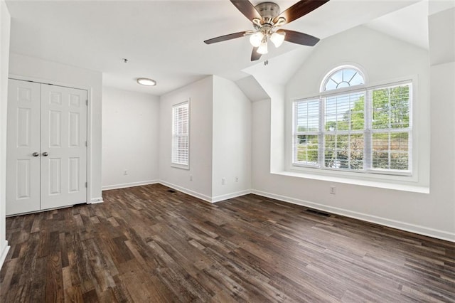 215 Morris Ln, Woodstock, GA 30188 - bonus room with lofted ceiling, dark wood-style flooring, baseboards, and a ceiling fan