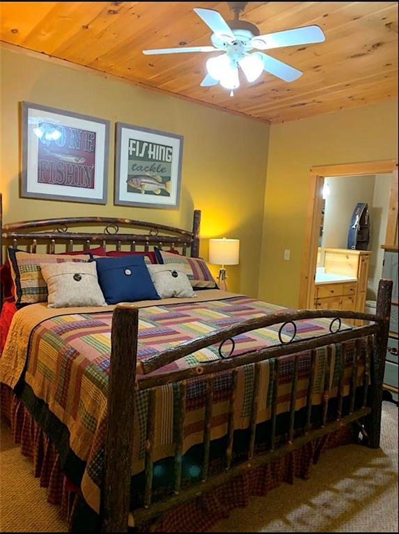 30C River Forest Pl, Suches, GA 30572 - carpeted bedroom featuring wooden ceiling and ceiling fan