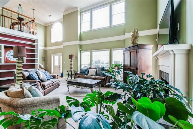 interior space featuring a towering ceiling and ornamental molding