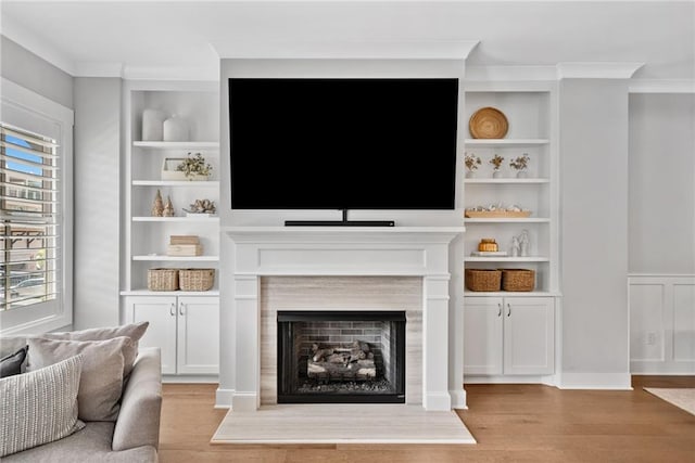 1104 Thomas St, Woodstock, GA 30188 - living room featuring wood finished floors, a fireplace with raised hearth, built in shelves, and crown molding