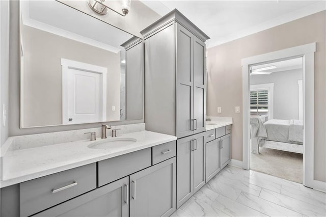 1104 Thomas St, Woodstock, GA 30188 - ensuite bathroom featuring double vanity, marble finish flooring, and ornamental molding