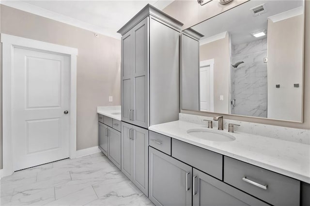 1104 Thomas St, Woodstock, GA 30188 - bathroom featuring marble look tile flooring, double vanity, and a marble finish shower