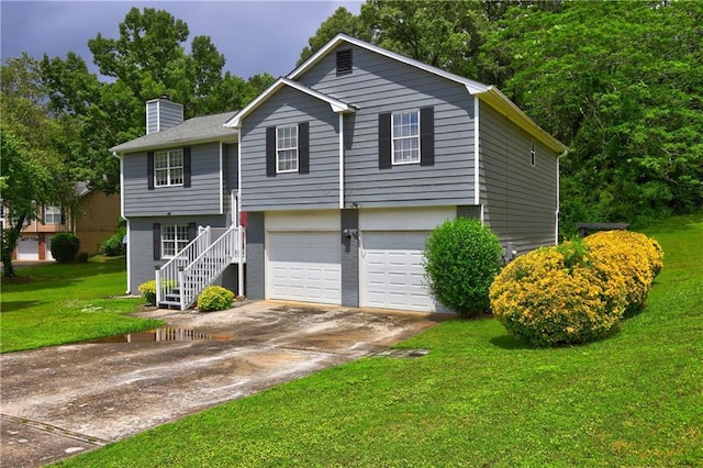 4090 Mark Todd Ct, Hoschton, GA 30548 - view of front of home with a garage, a chimney, driveway, a front yard, and brick siding