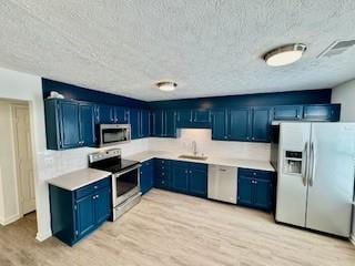 kitchen with stainless steel appliances, a sink, and blue cabinets