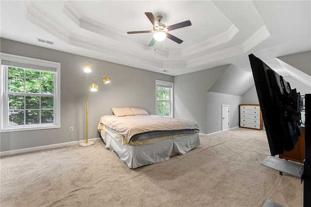 2994 Meadow Church Rd, Suwanee, GA 30024 - carpeted bedroom with a raised ceiling, ornamental molding, baseboards, and ceiling fan
