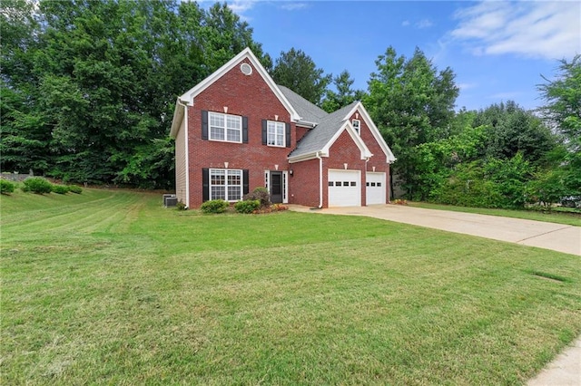 2994 Meadow Church Rd, Suwanee, GA 30024 - view of front of house featuring brick siding, driveway, an attached garage, a front yard, and central AC