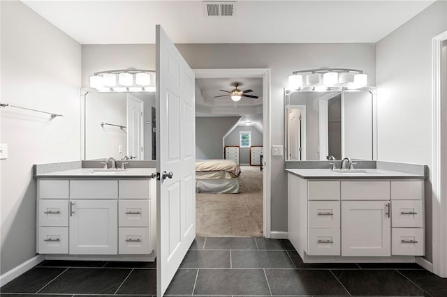 2994 Meadow Church Rd, Suwanee, GA 30024 - full bathroom with a ceiling fan, two vanities, baseboards, and tile patterned flooring