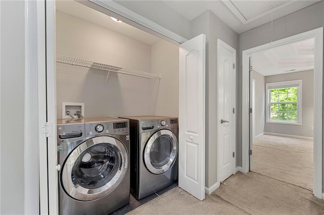 2994 Meadow Church Rd, Suwanee, GA 30024 - laundry room featuring attic access, carpet flooring, washing machine and dryer, and baseboards