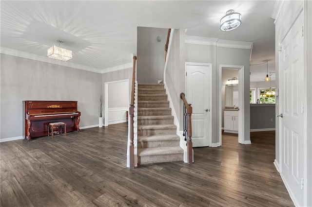 2994 Meadow Church Rd, Suwanee, GA 30024 - stairs featuring wood finished floors, crown molding, and baseboards