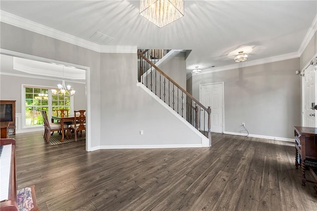 2994 Meadow Church Rd, Suwanee, GA 30024 - unfurnished living room with a chandelier, stairway, wood finished floors, crown molding, and baseboards