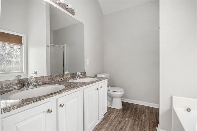 104 Terrapin Ct, Carrollton, GA 30116 - bathroom featuring a shower with shower door, a garden tub, wood finished floors, toilet, and double vanity