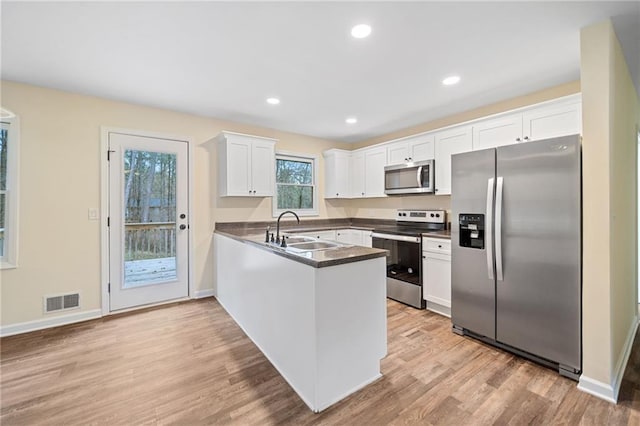 kitchen featuring sink, stainless steel appliances, light hardwood / wood-style flooring, kitchen peninsula, and white cabinets