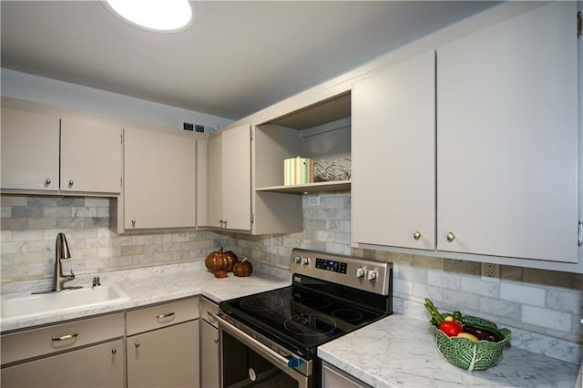 kitchen with tasteful backsplash, sink, and stainless steel range with electric cooktop