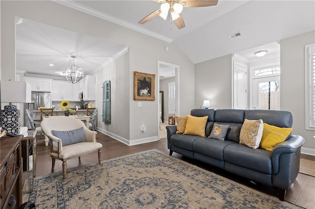 living area with visible vents, ornamental molding, baseboards, dark wood-style flooring, and vaulted ceiling