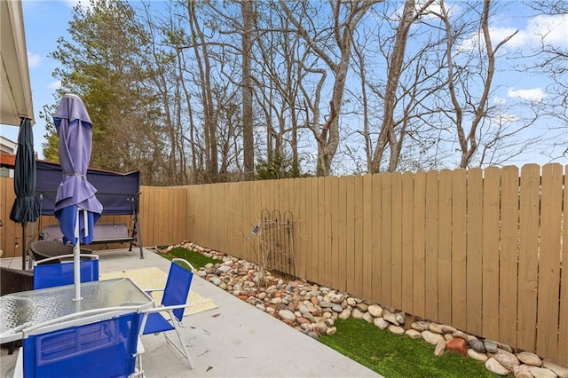 view of patio with a fenced backyard and outdoor dining space