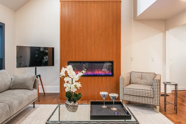 living room with wood-type flooring and lofted ceiling