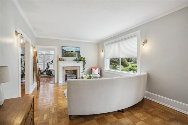 living room with light parquet flooring and crown molding