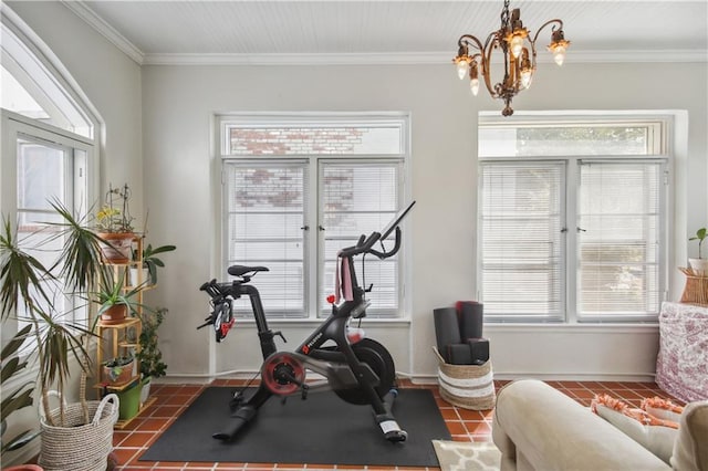 workout room featuring an inviting chandelier, french doors, a wealth of natural light, and ornamental molding