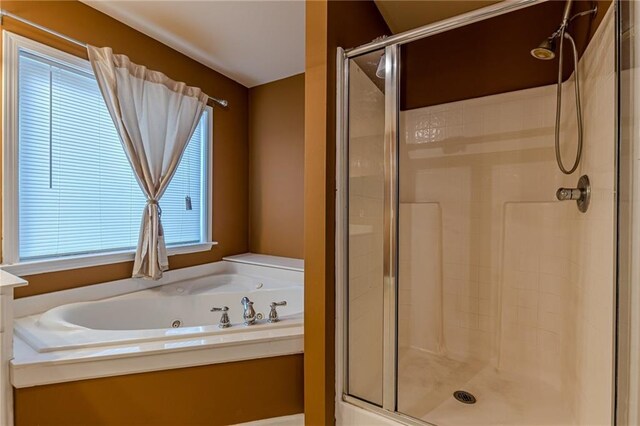 bathroom with shower with separate bathtub and vanity