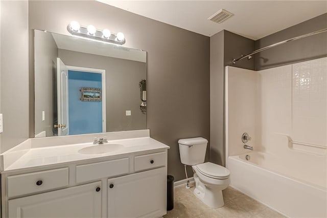 bathroom featuring bathing tub / shower combination, visible vents, toilet, vanity, and tile patterned floors