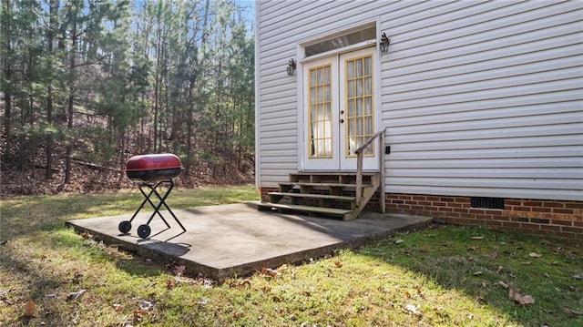 exterior space with crawl space and a patio