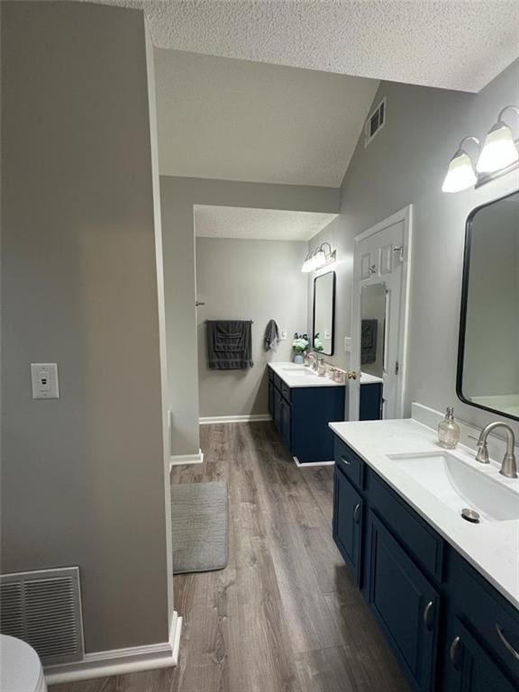 bathroom with vanity, wood-type flooring, lofted ceiling, and a textured ceiling