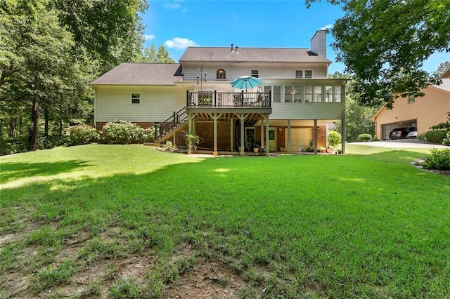 4875 Rivercliff Trce SW, Lilburn, GA 30047 - back of house with stairway, a deck, a chimney, and a yard