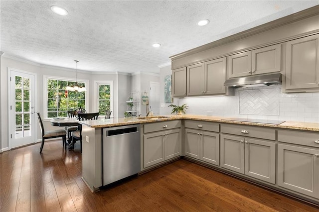 4875 Rivercliff Trce SW, Lilburn, GA 30047 - kitchen with stainless steel dishwasher, gray cabinetry, under cabinet range hood, black electric cooktop, and ornamental molding