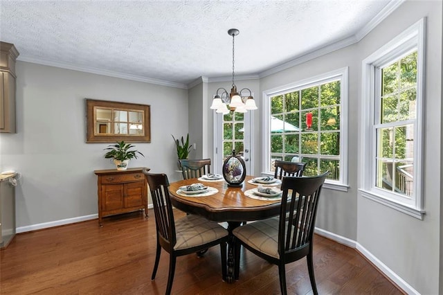 4875 Rivercliff Trce SW, Lilburn, GA 30047 - dining space featuring dark wood finished floors, a chandelier, crown molding, and a textured ceiling