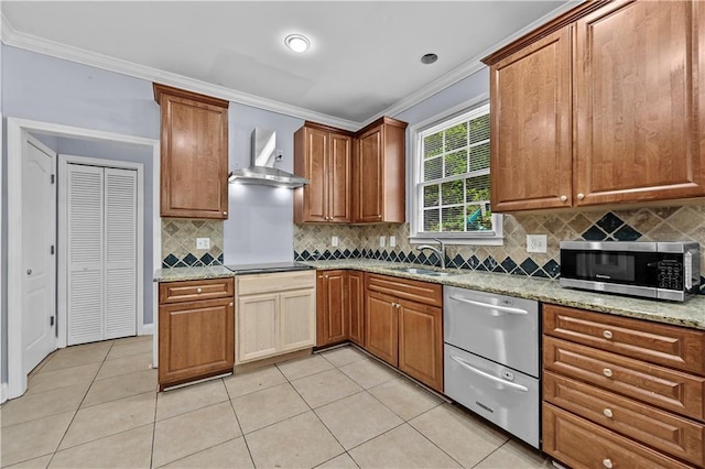1920 Lee Patrick Dr, Dacula, GA 30019 - kitchen featuring wall chimney exhaust hood, appliances with stainless steel finishes, a sink, ornamental molding, and light tile patterned floors