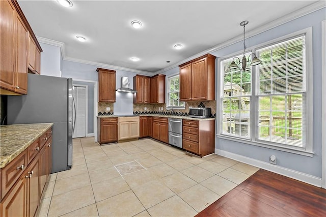 1920 Lee Patrick Dr, Dacula, GA 30019 - kitchen with ornamental molding, wall chimney range hood, appliances with stainless steel finishes, backsplash, and light stone counters