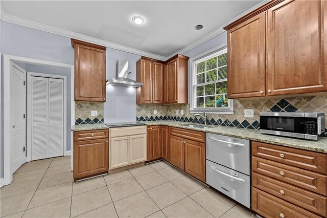 1920 Lee Patrick Dr, Dacula, GA 30019 - kitchen featuring wall chimney exhaust hood, appliances with stainless steel finishes, a sink, ornamental molding, and light tile patterned floors