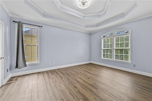 1920 Lee Patrick Dr, Dacula, GA 30019 - empty room with a tray ceiling, wood finished floors, ornamental molding, and baseboards