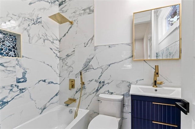 full bath featuring shower / washtub combination, toilet, tile walls, and vanity