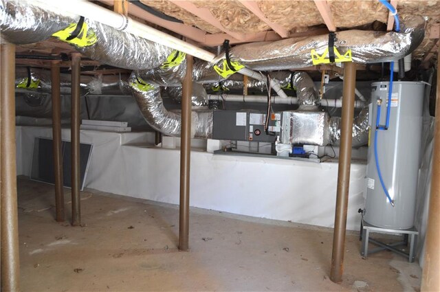 unfinished basement featuring water heater