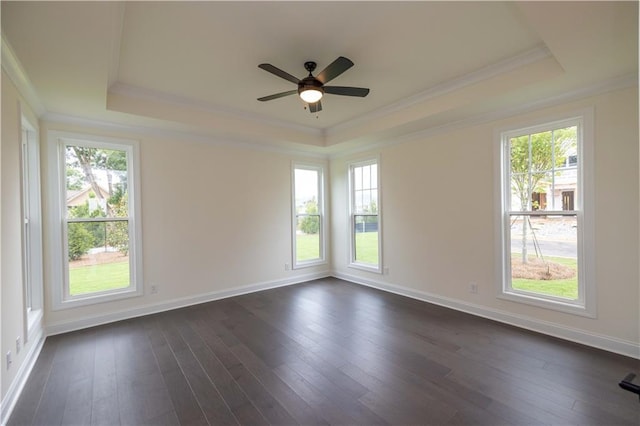 empty room featuring ceiling fan, a raised ceiling, ornamental molding, and dark wood-type flooring