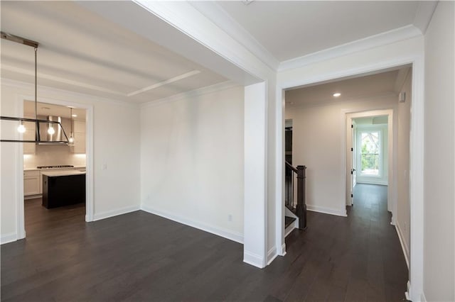 hallway featuring dark hardwood / wood-style floors and ornamental molding