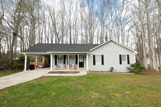 ranch-style house with a carport, covered porch, and a front lawn