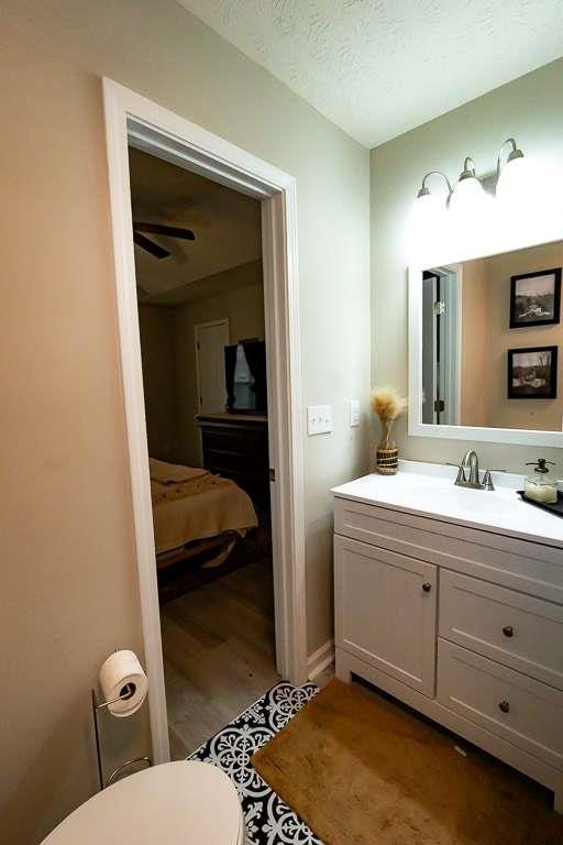 bathroom featuring vanity, hardwood / wood-style floors, a textured ceiling, and toilet