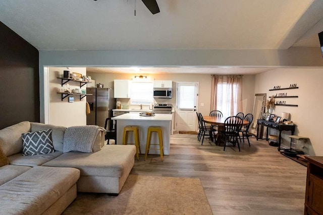 living room with wood-type flooring, sink, and ceiling fan