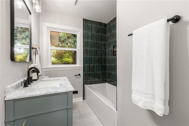 bathroom with shower / bathing tub combination, tile patterned flooring, and vanity