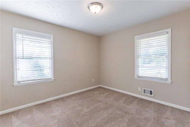 empty room with carpet floors and a textured ceiling