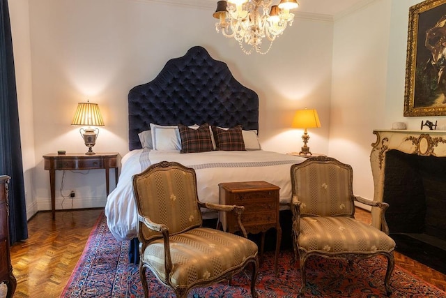 bedroom with a fireplace, baseboards, a notable chandelier, and ornamental molding