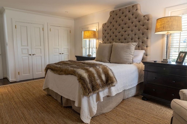 bedroom featuring multiple closets, multiple windows, and crown molding