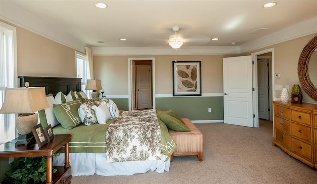 5268 Mulberry Pass Ct, Hoschton, GA 30548 - carpeted bedroom with crown molding, recessed lighting, and a ceiling fan