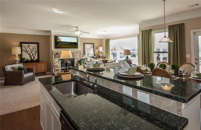 5268 Mulberry Pass Ct, Hoschton, GA 30548 - kitchen with open floor plan, dark wood-type flooring, a ceiling fan, dark stone counters, and crown molding