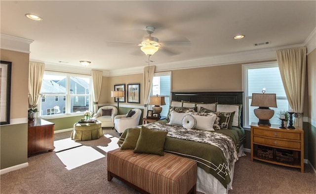 5268 Mulberry Pass Ct, Hoschton, GA 30548 - carpeted bedroom featuring crown molding, multiple windows, recessed lighting, and a ceiling fan